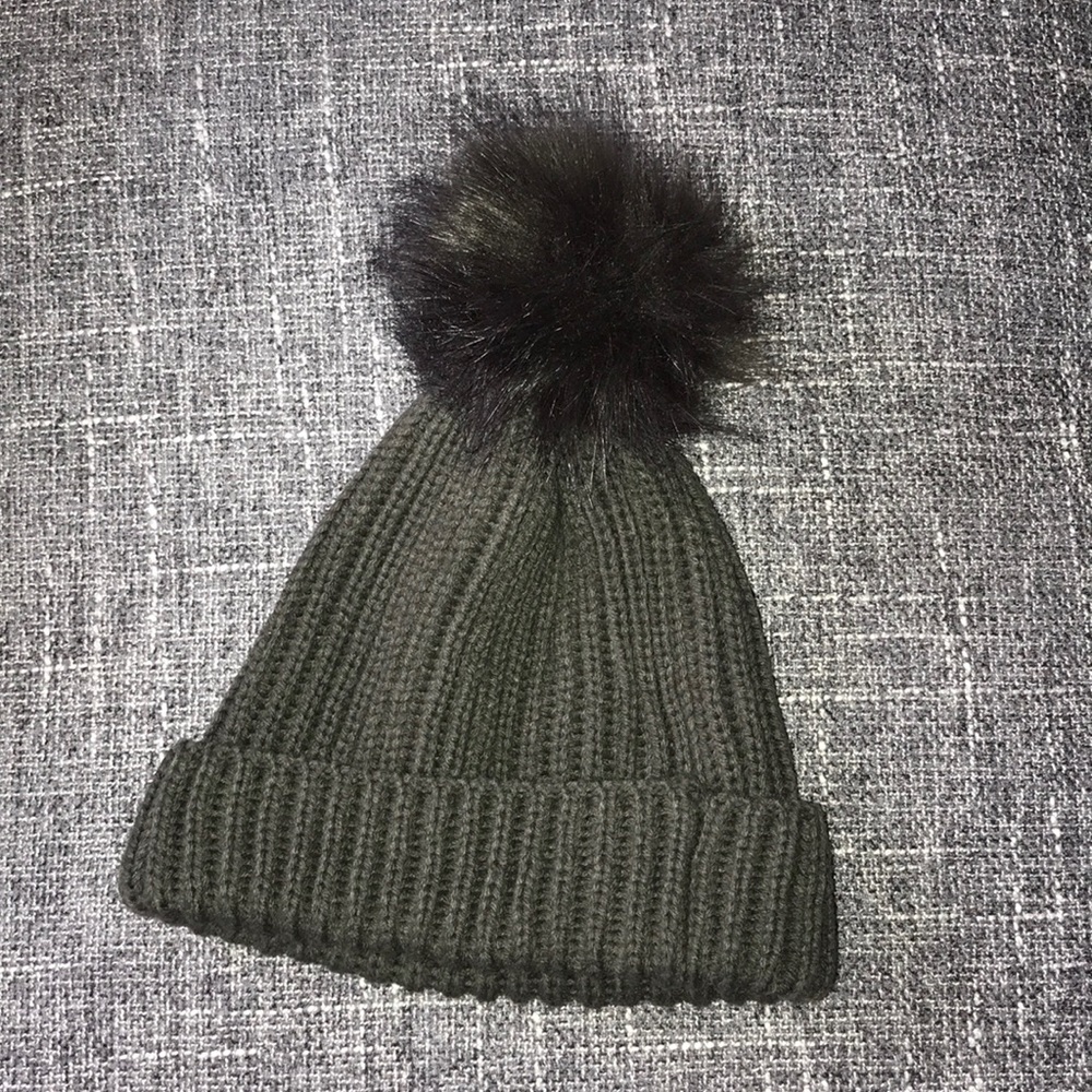 Dark green pom beanie winter knit hat